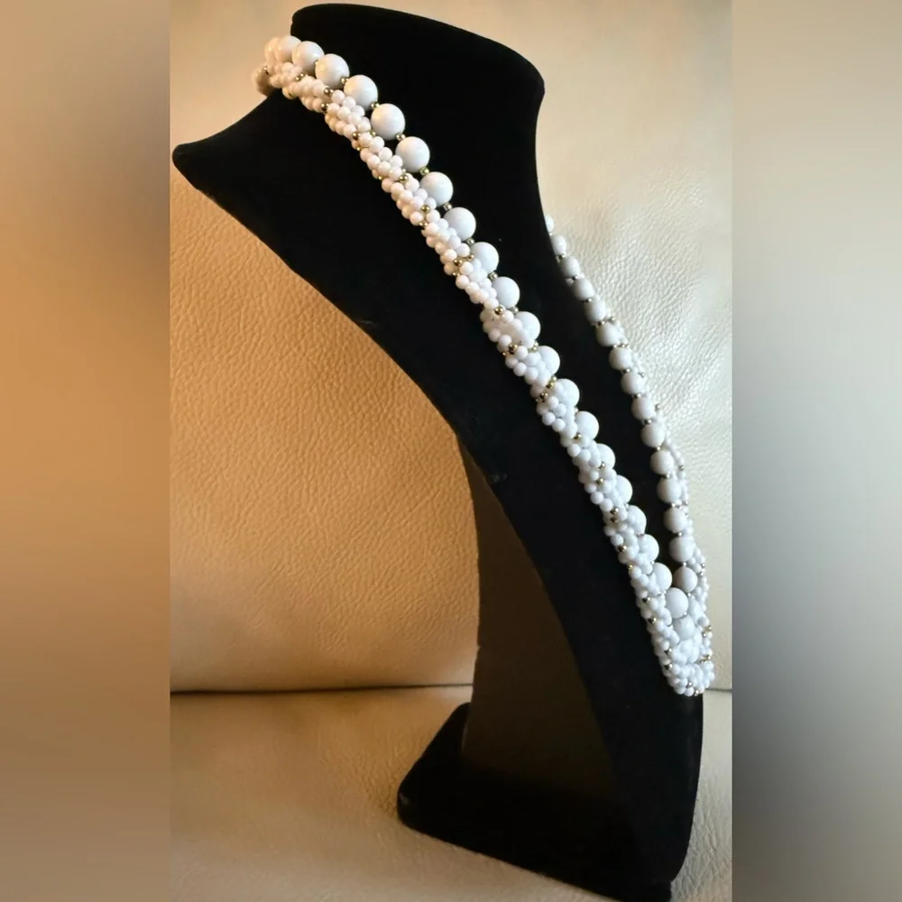 2 piece: White Beaded Vintage Necklace gold spacer beads & multistrand seed bead - Picture 3 of 9